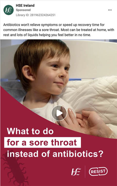 An HSE advert recommending people to avoid antibiotics for children with sore throat
